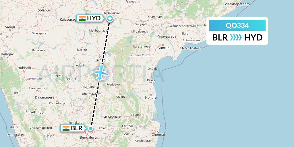 QO334 Quikjet Cargo Airlines Flight Map: Bangalore to Hyderabad
