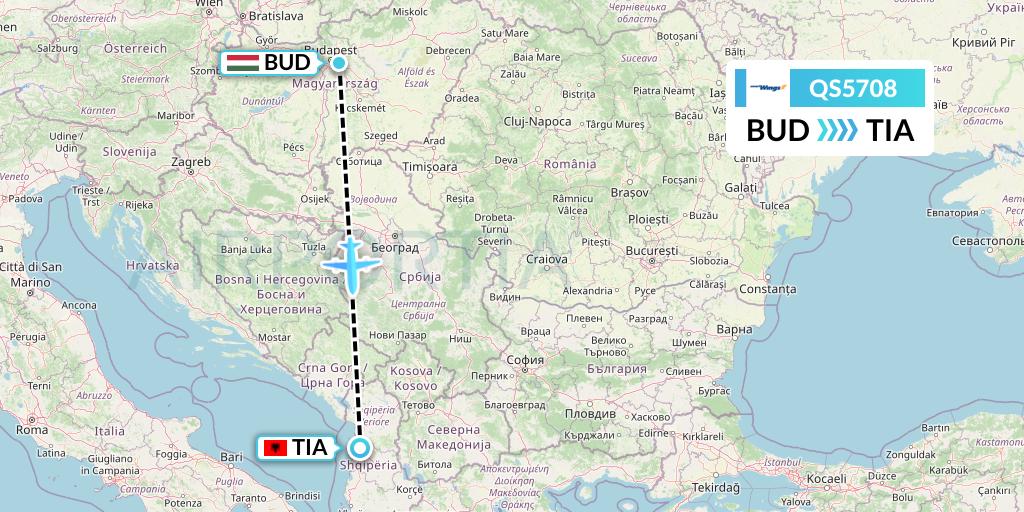 QS5708 Smartwings Flight Map: Budapest to Tirana