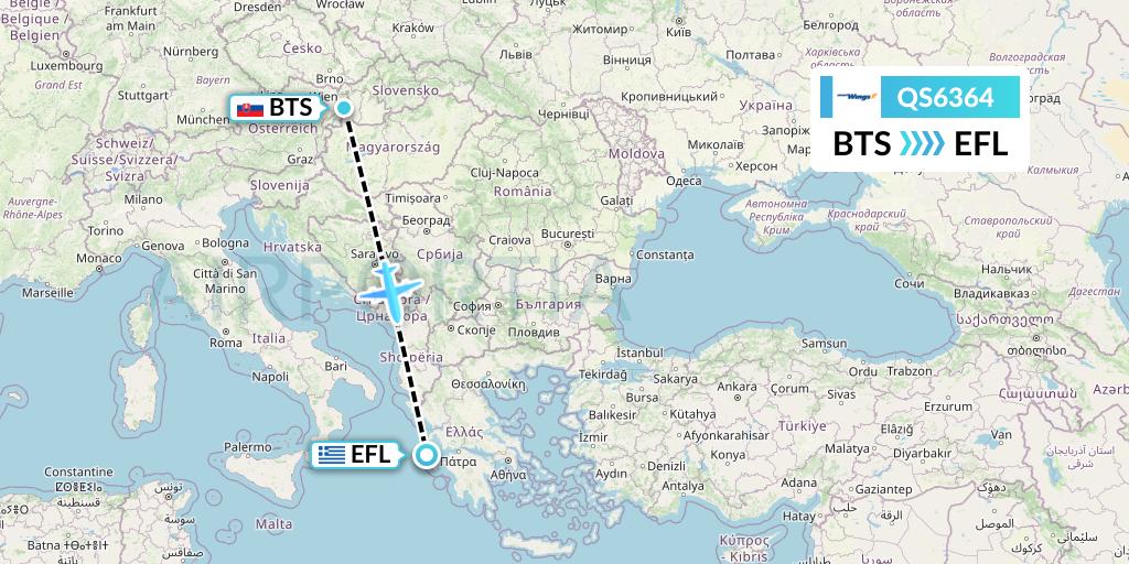 QS6364 Smartwings Flight Map: Bratislava to Kefalonia