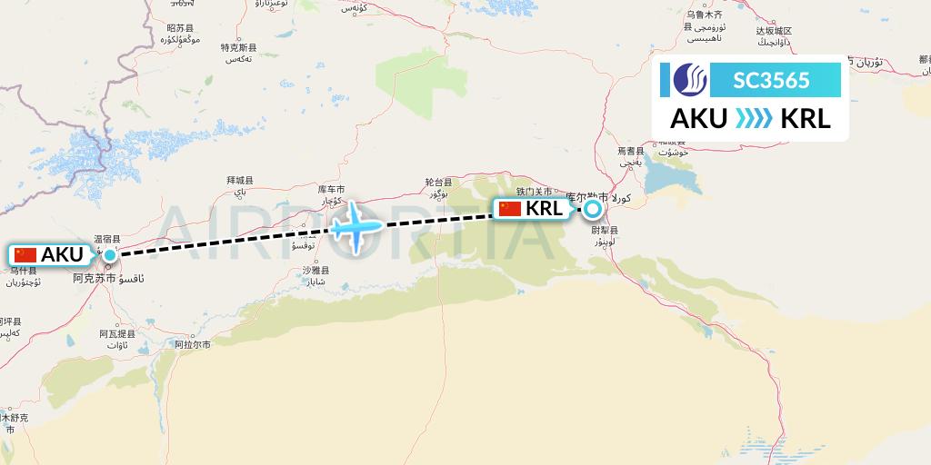 SC3565 Shandong Airlines Flight Map: Aksu to Korla