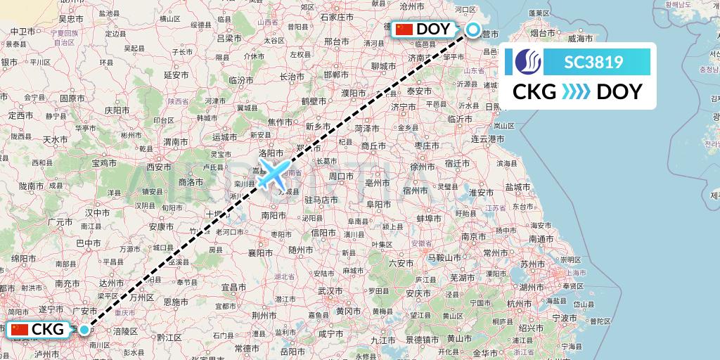SC3819 Shandong Airlines Flight Map: Chongqing to Dongying