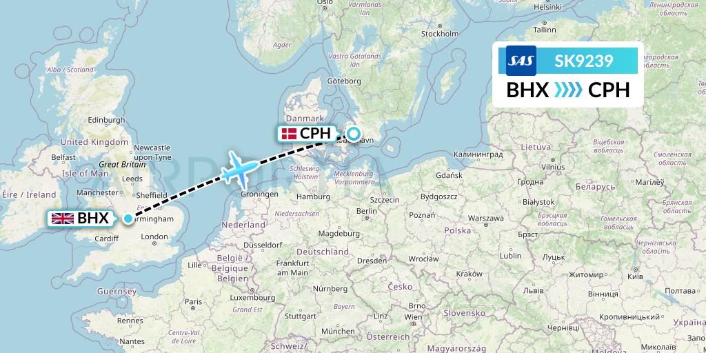 SK9239 SAS Flight Map: Birmingham to Copenhagen