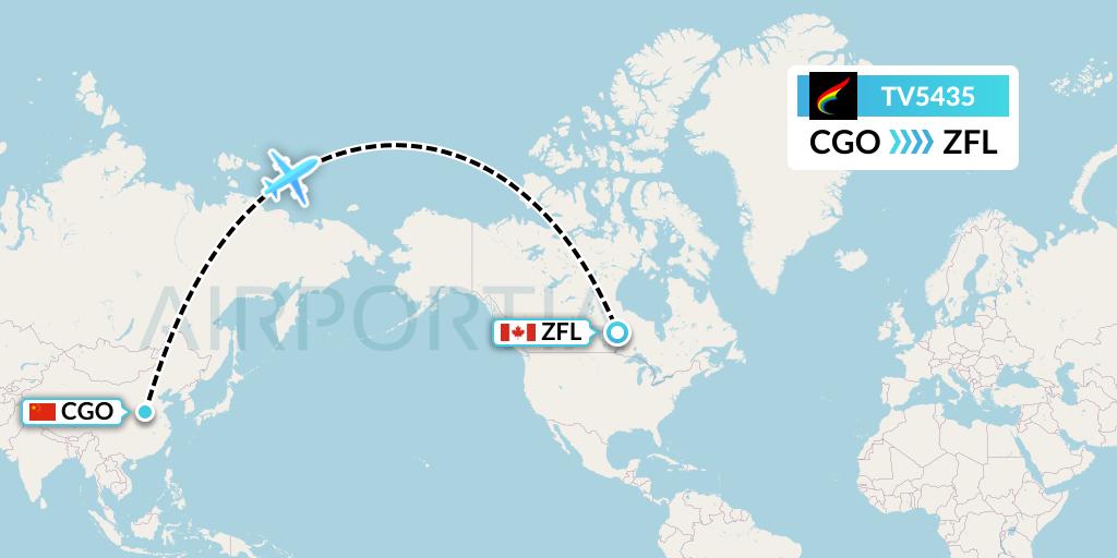 TV5435 Tibet Airlines Flight Map: Zhengzhou to South Trout Lake