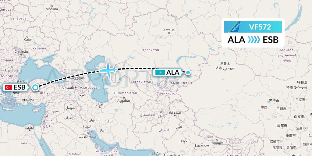 VF572 ValuAir Flight Map: Almaty to Ankara