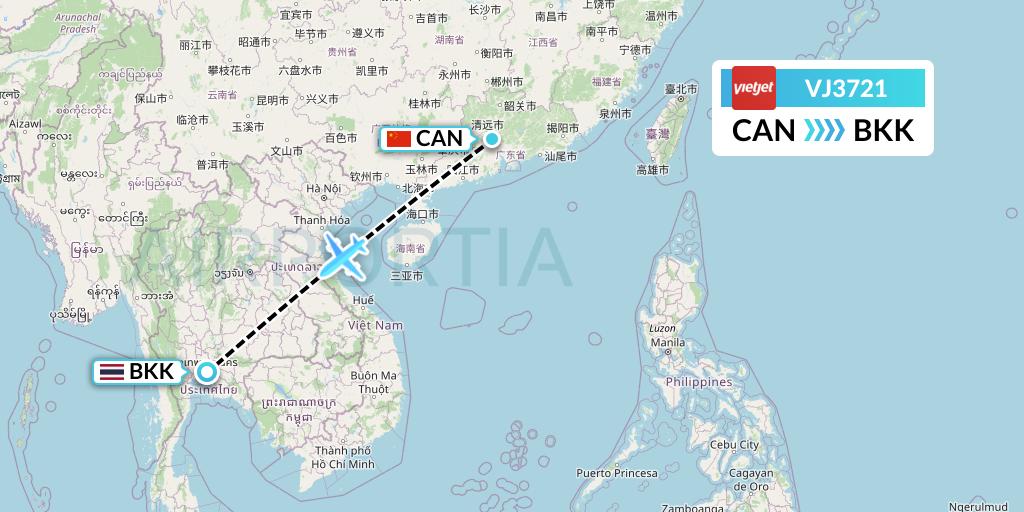VJ3721 VietJet Air Flight Map: Guangzhou to Bangkok