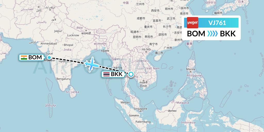VJ761 VietJet Air Flight Map: Mumbai to Bangkok