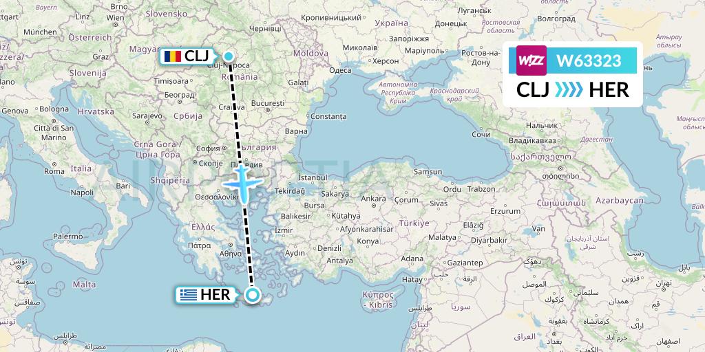 W63323 Wizz Air Flight Map: Cluj-Napoca to Heraklion
