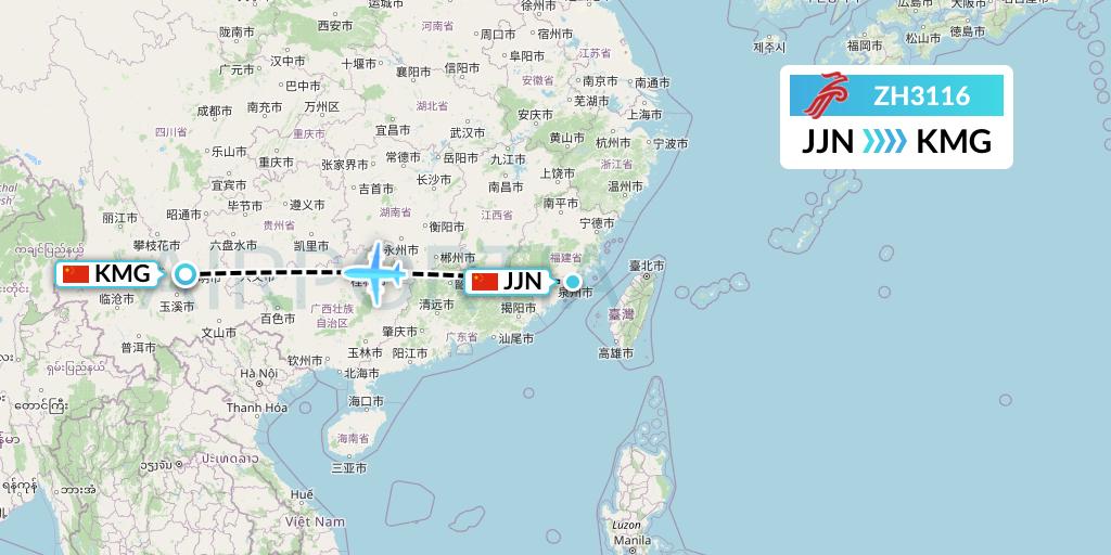 ZH3116 Shenzhen Airlines Flight Map: Jinjiang to Kunming