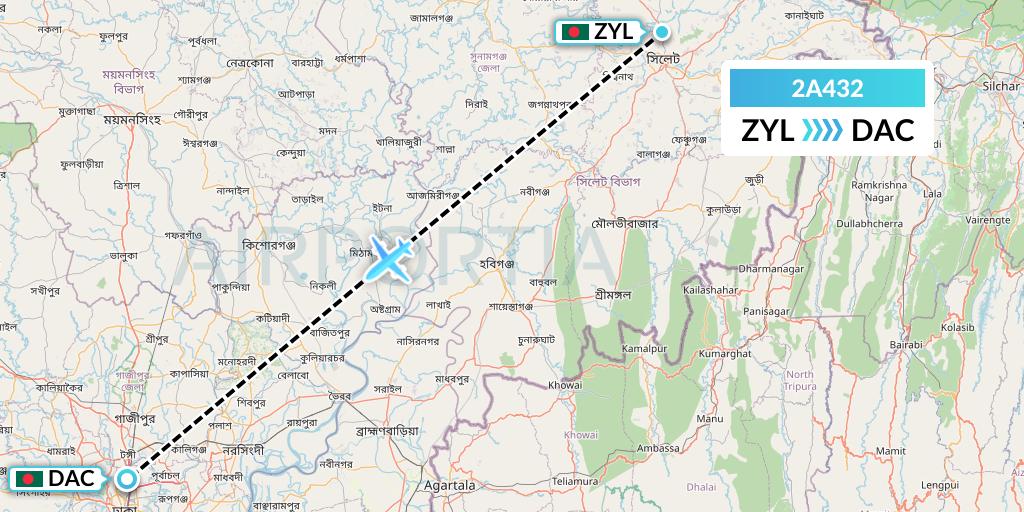 2A432 Deutsche Bahn AG Flight Map: Sylhet to Dhaka