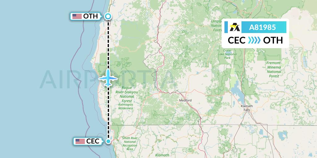 A81985 Aerolink Uganda Flight Map: Crescent City to North Bend