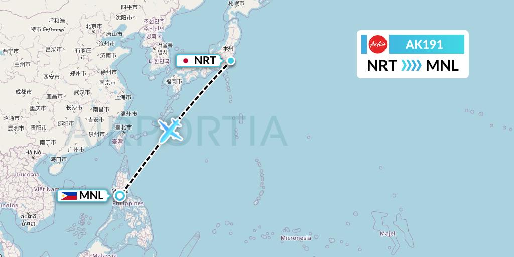 AK191 AirAsia Flight Map: Tokyo to Manila