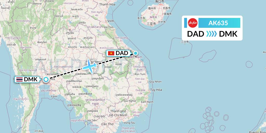AK635 AirAsia Flight Map: Da Nang to Bangkok
