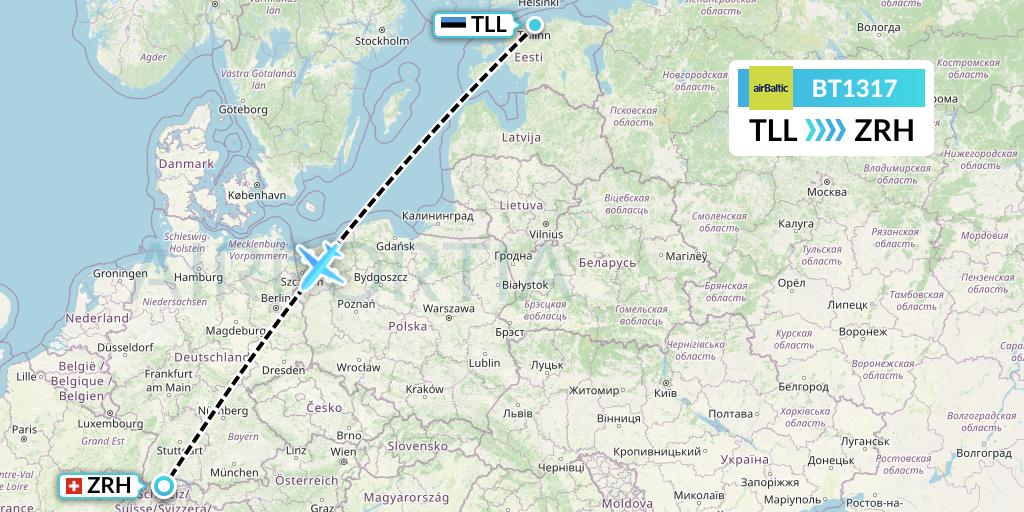 BT1317 Air Baltic Flight Map: Tallinn to Zurich