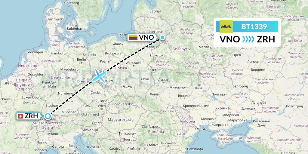 BT1339 Air Baltic Flight Map: Vilnius to Zurich