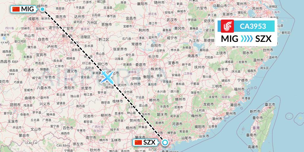 CA3953 Air China Flight Map: Mianyang to Shenzhen