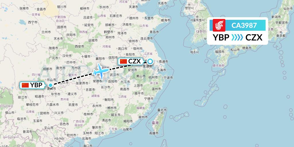 CA3987 Air China Flight Map: Yibin to Changzhou