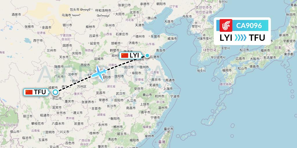 CA9096 Air China Flight Map: Linyi to Chengdu