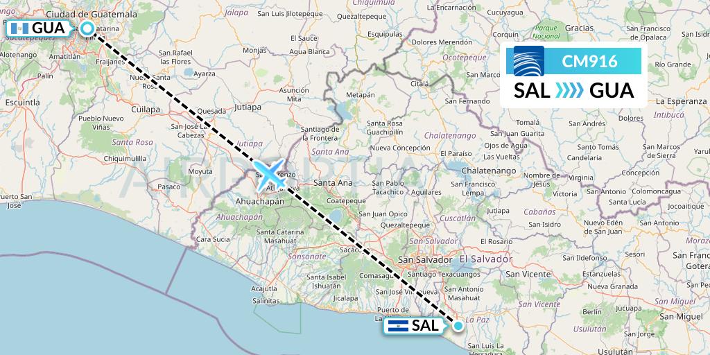 CM916 Copa Airlines Flight Map: San Salvador to Guatemala City
