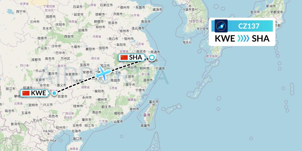 CZ137 China Southern Airlines Flight Map: Guiyang to Shanghai