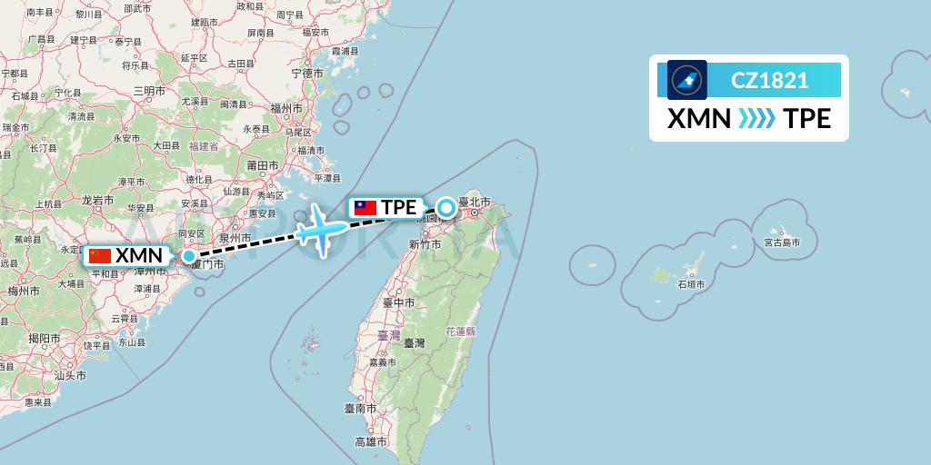 CZ1821 China Southern Airlines Flight Map: Xiamen to Taipei