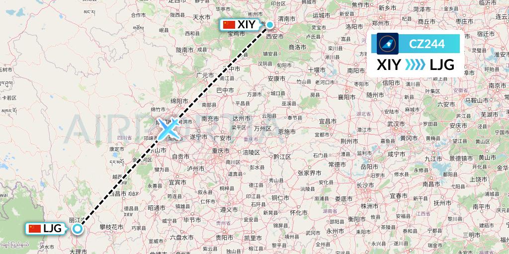 CZ244 China Southern Airlines Flight Map: Xi'an to Lijiang
