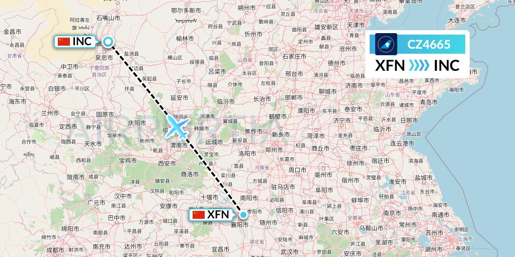 CZ4665 China Southern Airlines Flight Map: Xiangyang to Yinchuan