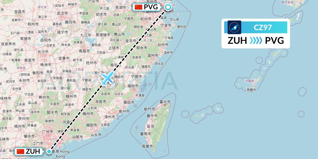 CZ97 China Southern Airlines Flight Map: Zhuhai to Shanghai
