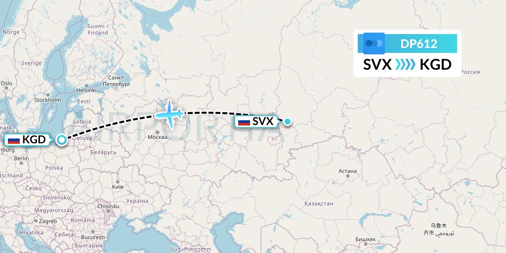 DP612 Pobeda Flight Map: Yekaterinburg to Kaliningrad