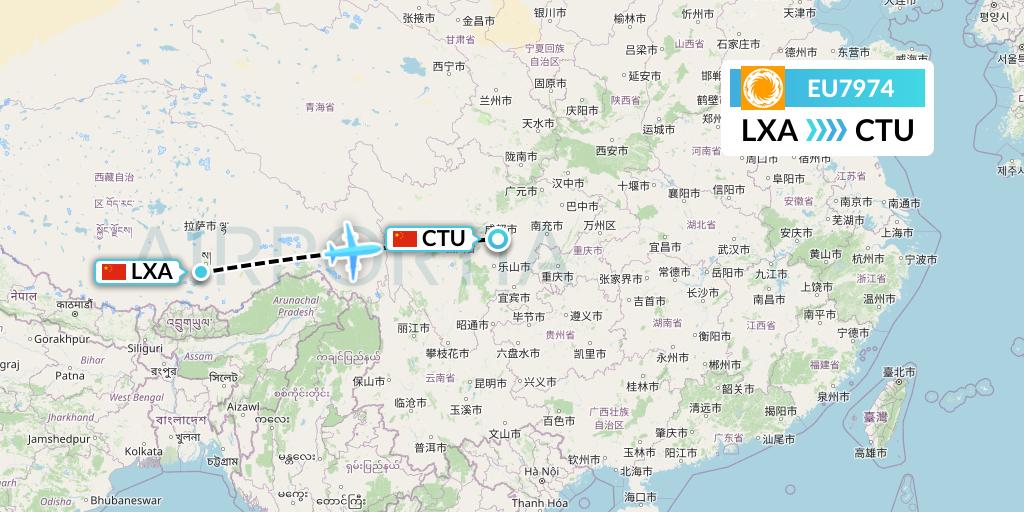 EU7974 Chengdu Airlines Flight Map: Lhasa to Chengdu