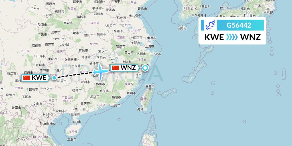 G56442 China Express Airlines Flight Map: Guiyang to Wenzhou