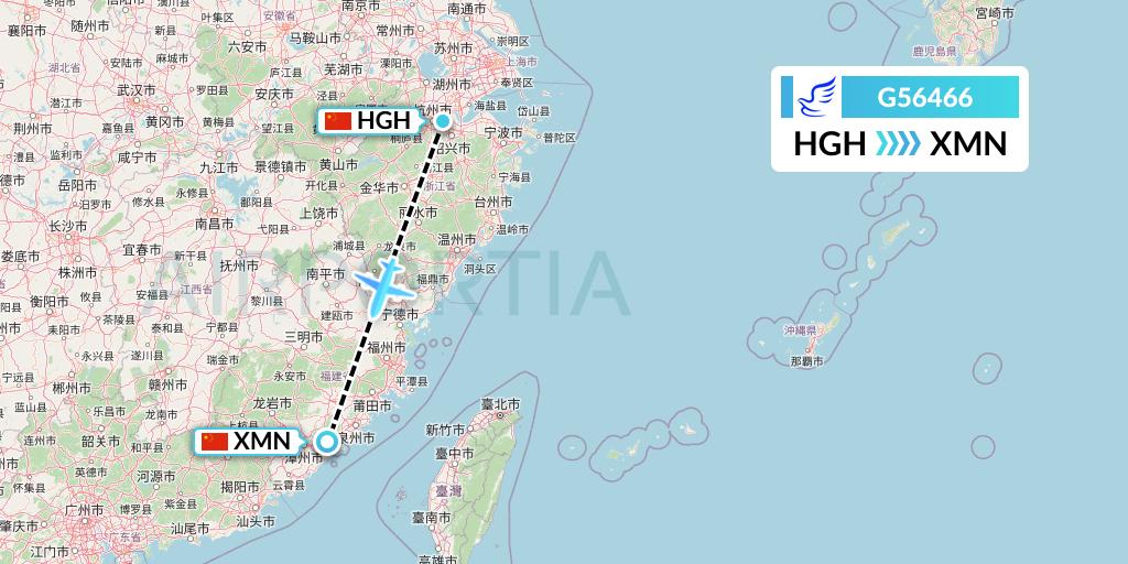 G56466 China Express Airlines Flight Map: Hangzhou to Xiamen