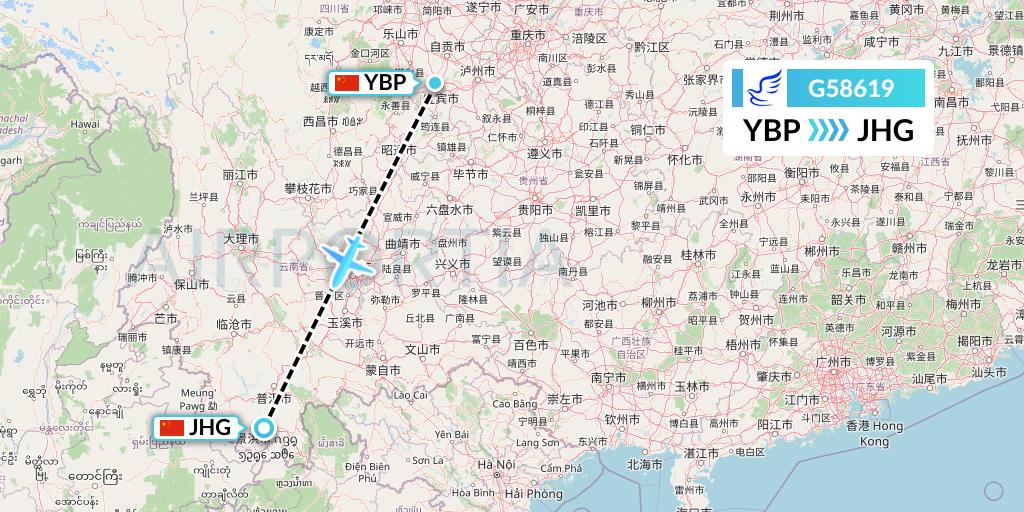 G58619 China Express Airlines Flight Map: Yibin to Jinghong