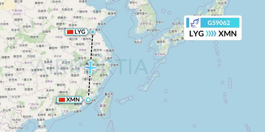 G59062 China Express Airlines Flight Map: Lianyungang to Xiamen