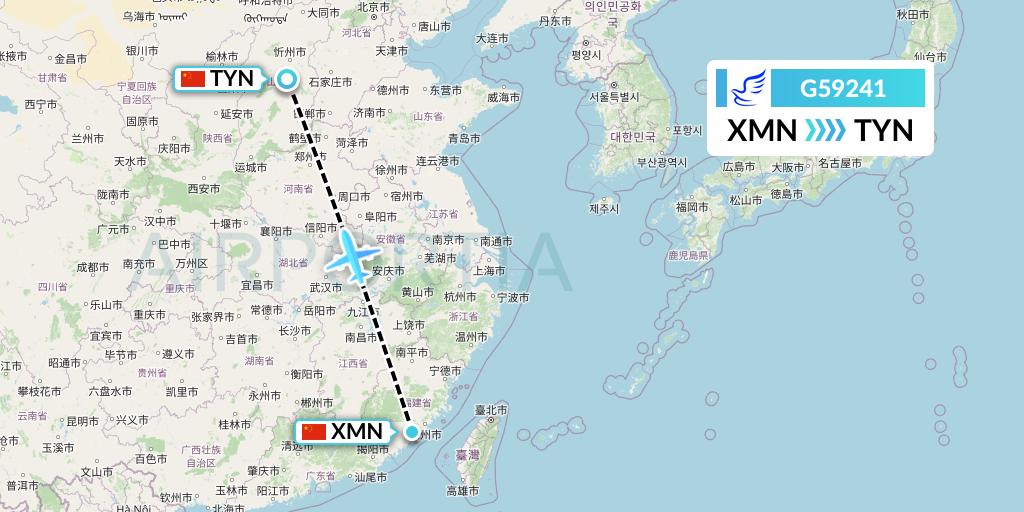 G59241 China Express Airlines Flight Map: Xiamen to Taiyuan