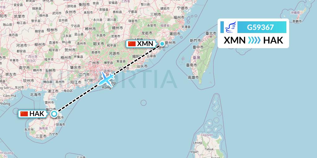 G59367 China Express Airlines Flight Map: Xiamen to Haikou