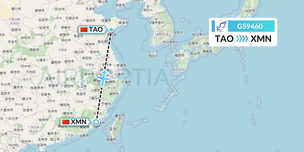 G59460 China Express Airlines Flight Map: Qingdao to Xiamen