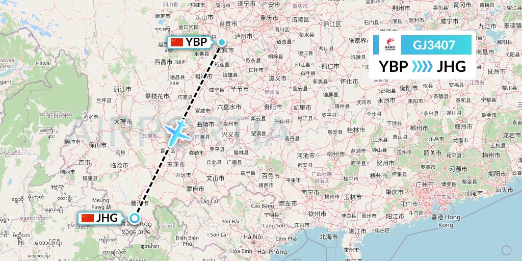 GJ3407 Loong Airlines Flight Map: Yibin to Jinghong