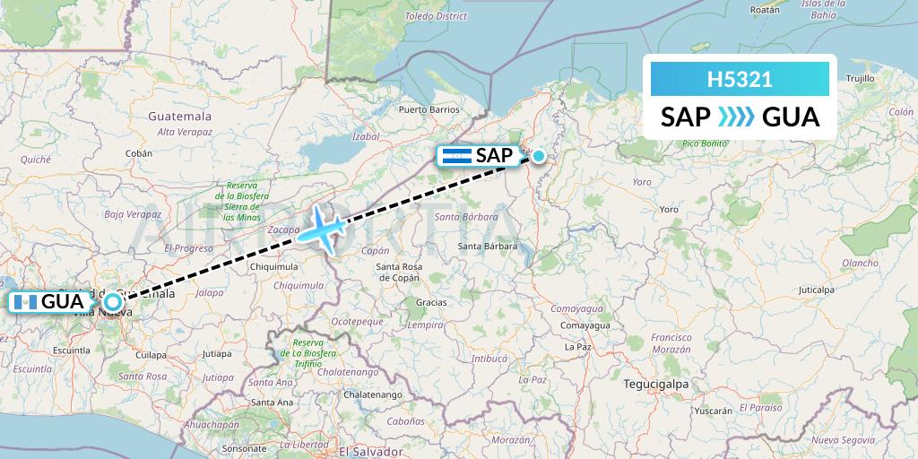 H5321 MAVIAL - Magadan Airlines Flight Map: San Pedro Sula to Guatemala City