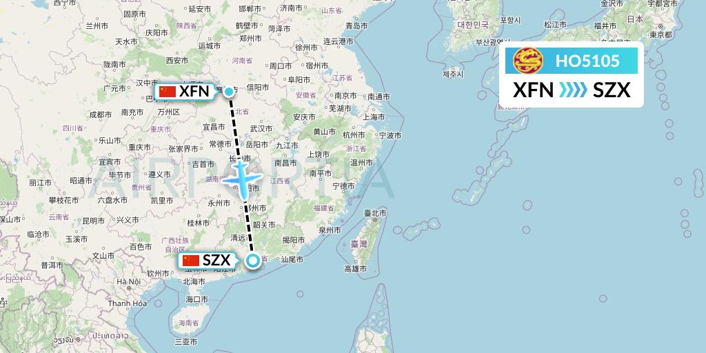 HO5105 Juneyao Airlines Flight Map: Xiangyang to Shenzhen