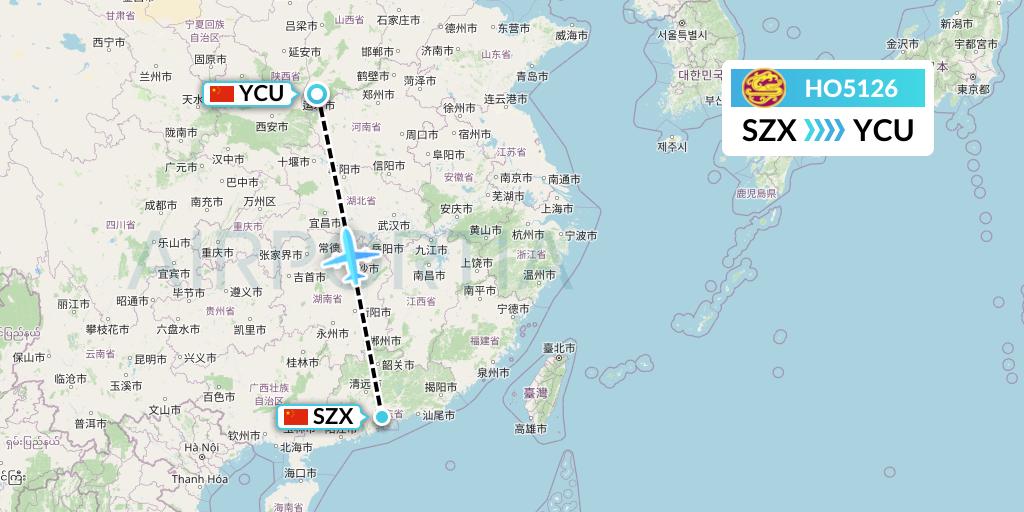 HO5126 Juneyao Airlines Flight Map: Shenzhen to Yuncheng