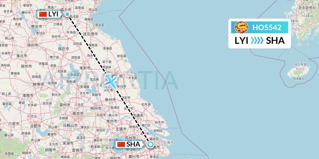 HO5542 Juneyao Airlines Flight Map: Linyi to Shanghai