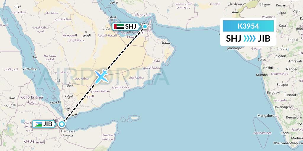 K3954 Taquan Air Flight Map: Sharjah to Djibouti