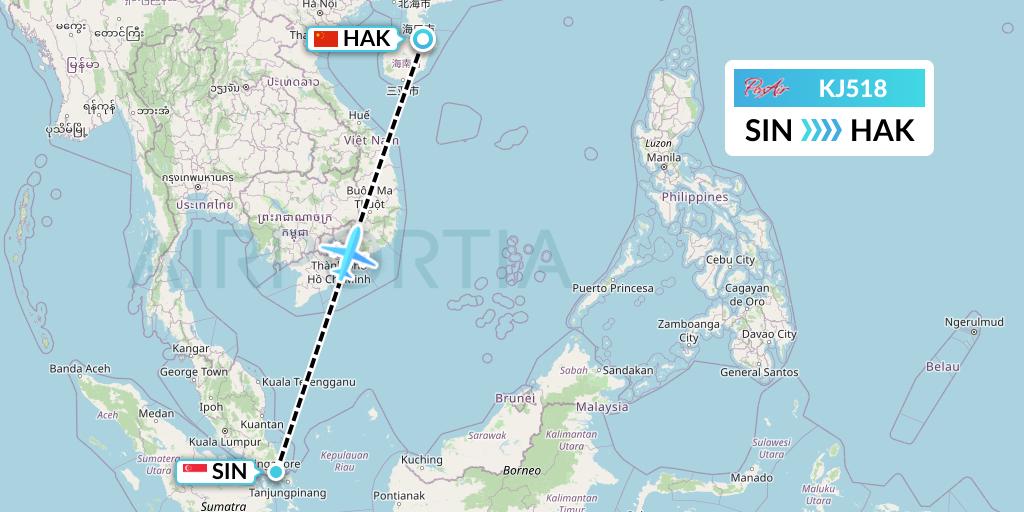 KJ518 Air Incheon Flight Map: Singapore to Haikou