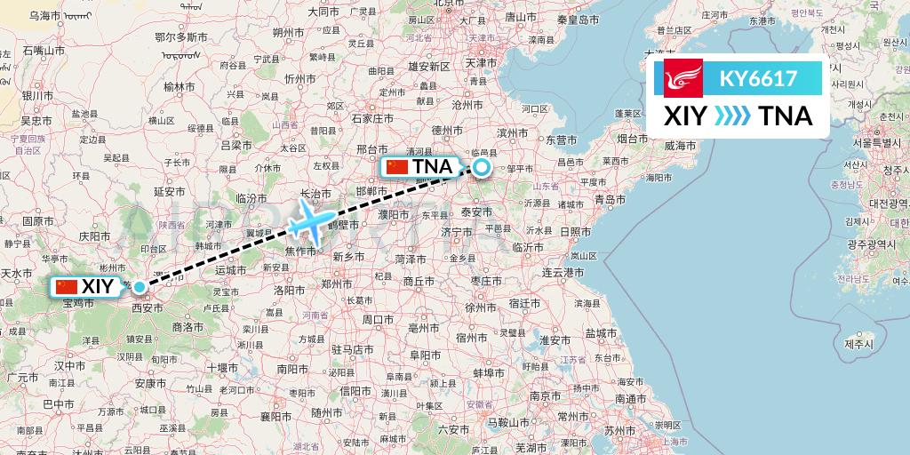 KY6617 Kunming Airlines Flight Map: Xi'an to Jinan