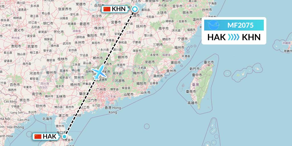 MF2075 Xiamen Airlines Flight Map: Haikou to Nanchang