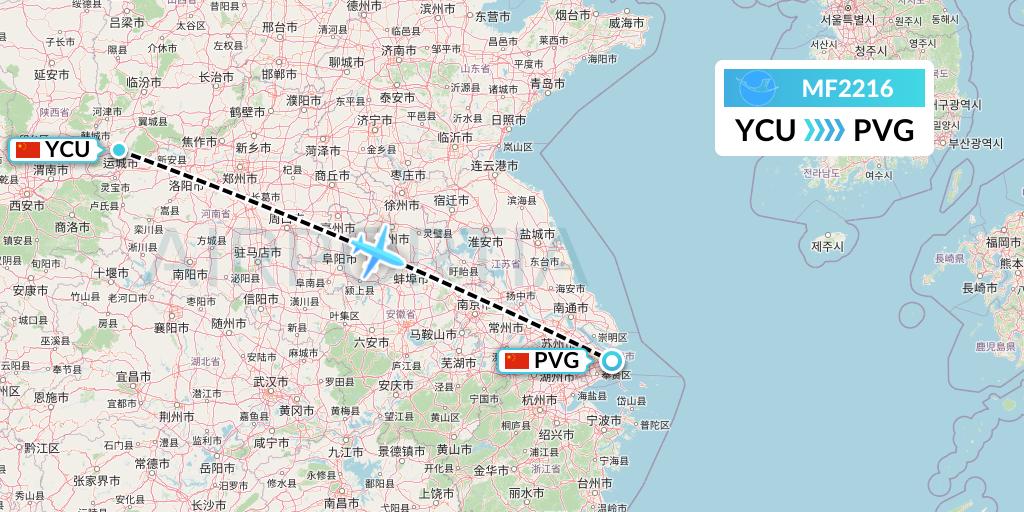 MF2216 Xiamen Airlines Flight Map: Yuncheng to Shanghai