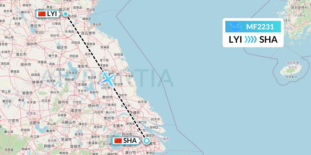 MF2231 Xiamen Airlines Flight Map: Linyi to Shanghai