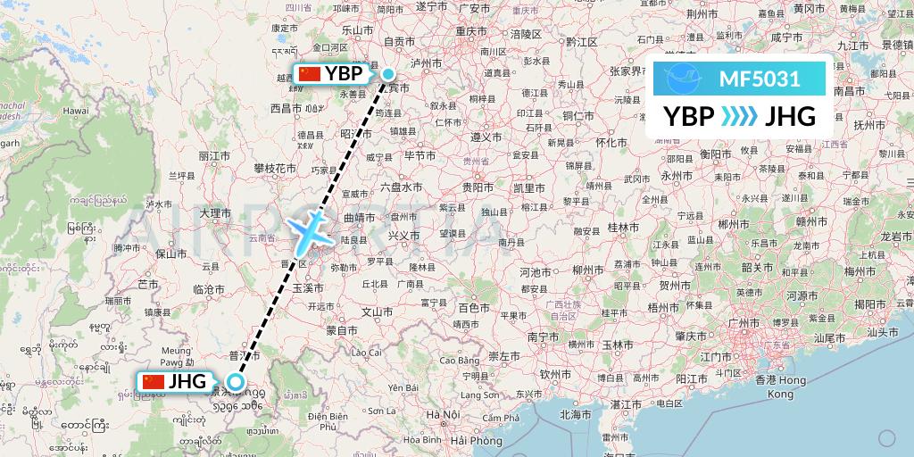 MF5031 Xiamen Airlines Flight Map: Yibin to Jinghong
