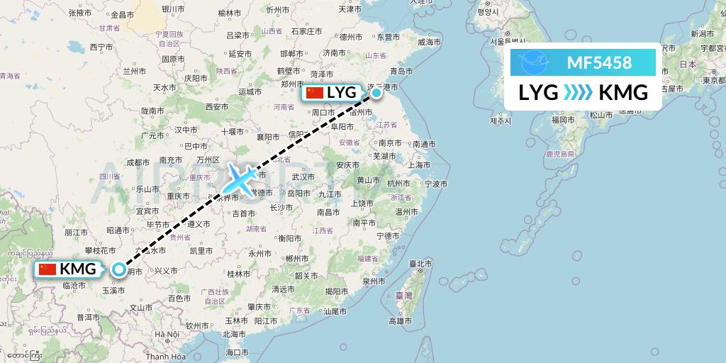 MF5458 Xiamen Airlines Flight Map: Lianyungang to Kunming