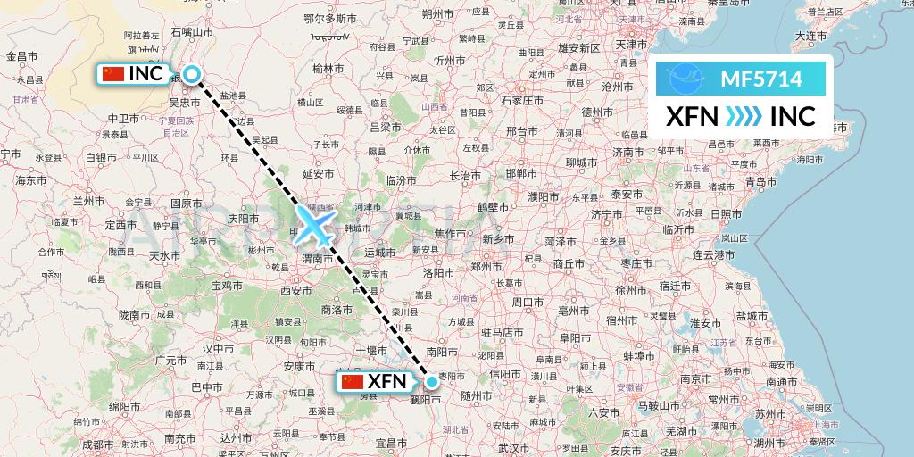 MF5714 Xiamen Airlines Flight Map: Xiangyang to Yinchuan